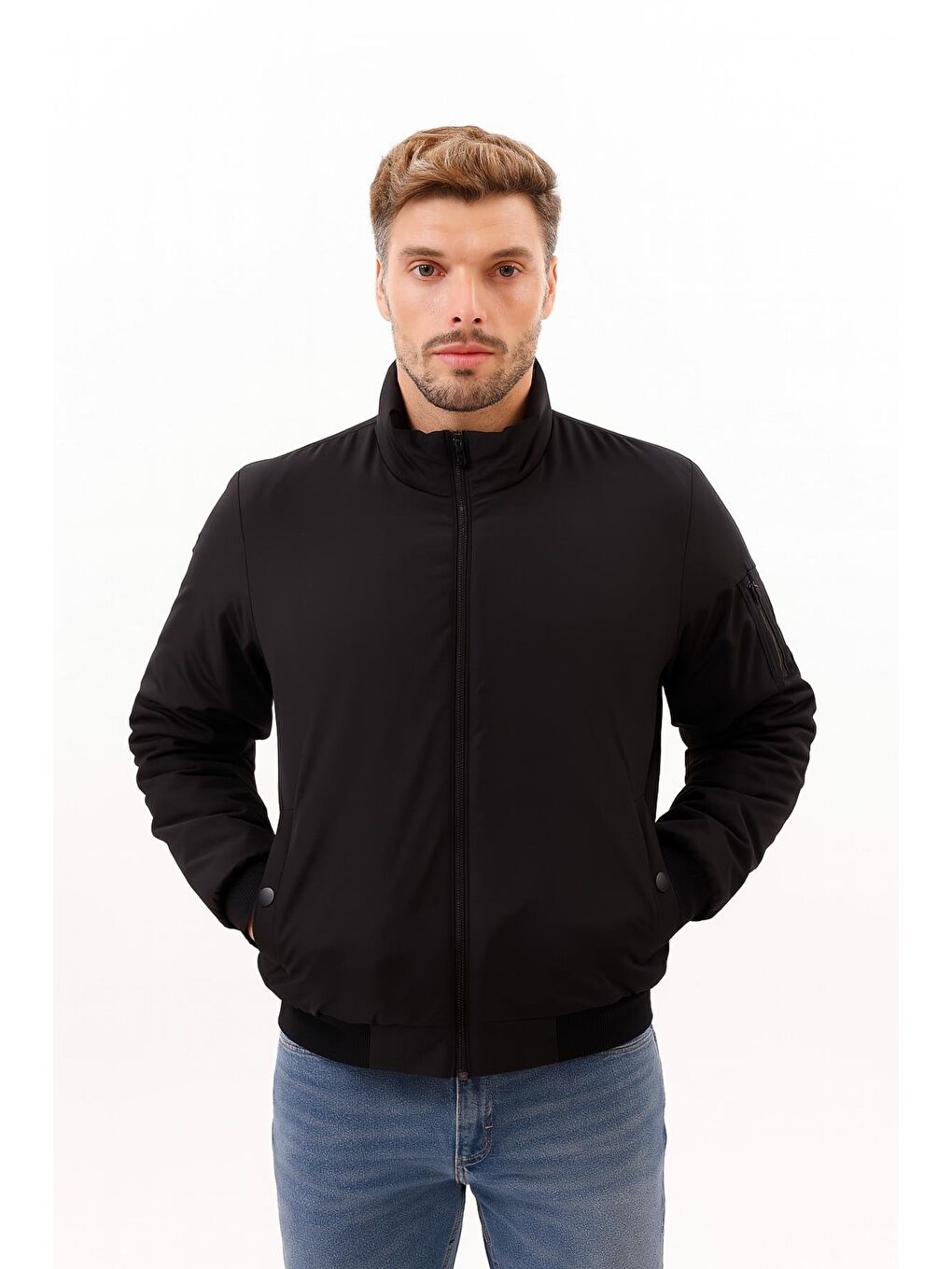 Siyah Erkek Astarlı Dik Yaka Mevsimlik Su Ve Rüzgar Geçirmez Mont-1