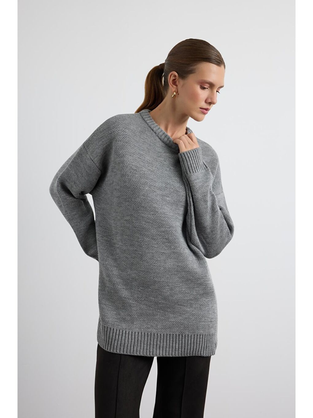 Bisiklet Yaka Basic Triko Kazak Antrasit-3