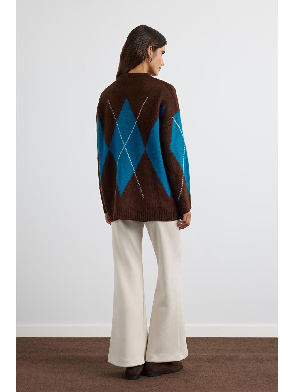 Kahverengi Baklava Desenli Triko Kazak Kahve-7