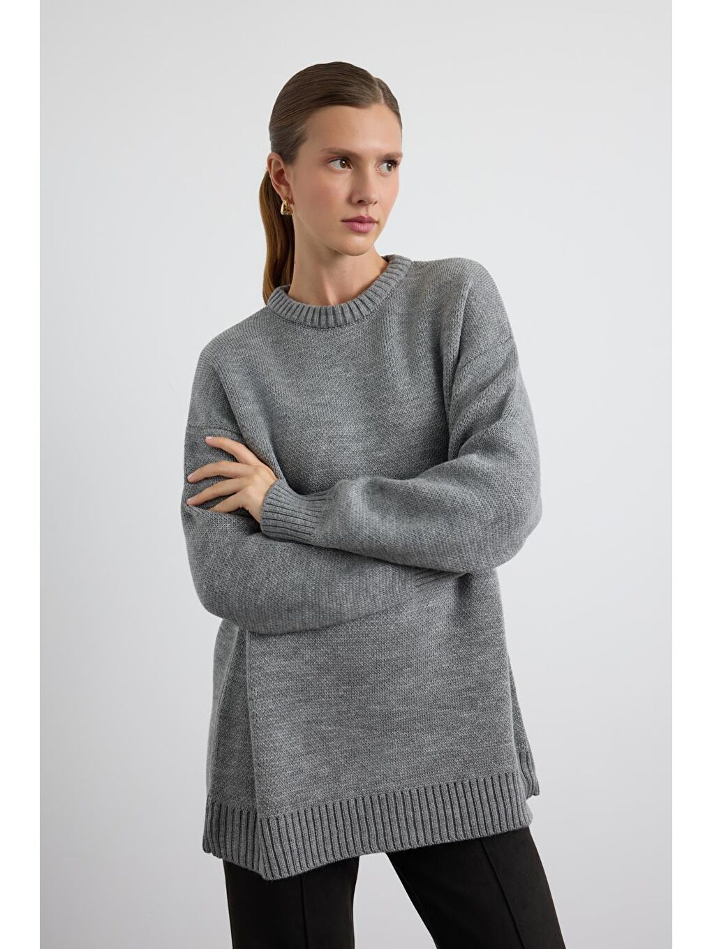 Bisiklet Yaka Basic Triko Kazak Antrasit-4