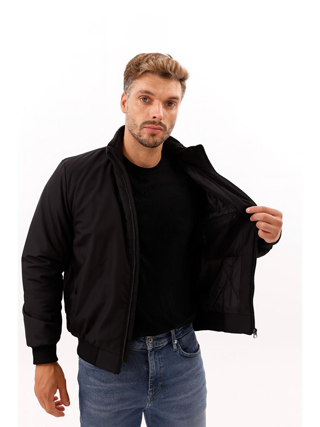 Siyah Erkek Astarlı Dik Yaka Mevsimlik Su Ve Rüzgar Geçirmez Mont-2