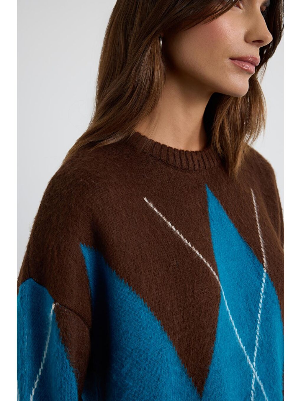 Kahverengi Baklava Desenli Triko Kazak Kahve-8