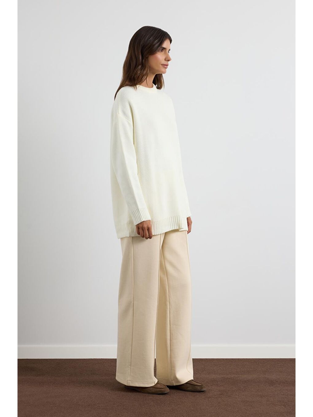 Ekru Bisiklet Yaka Basic Triko Kazak Kemik-5