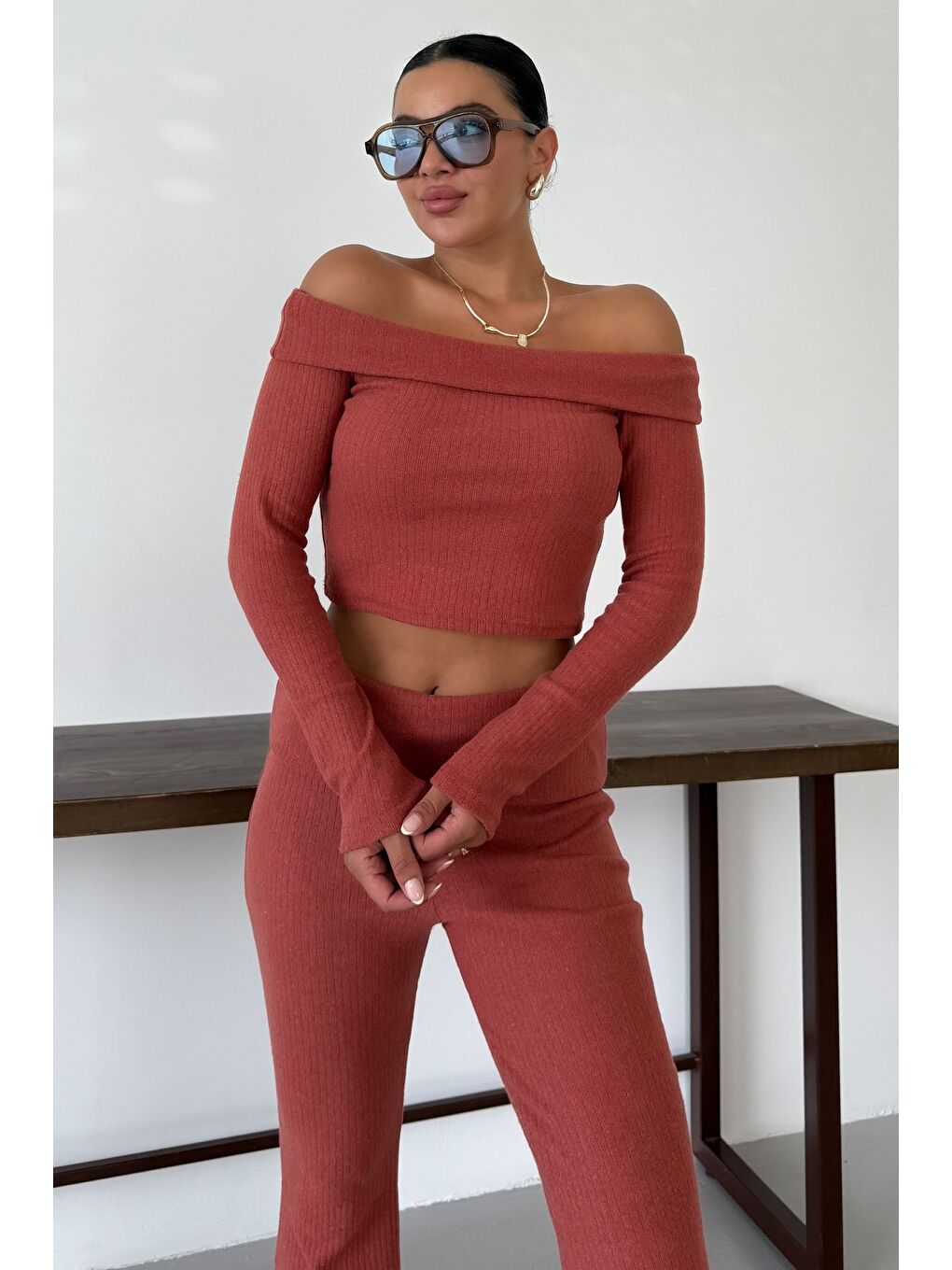 Turuncu Kadın Kiremit Madonna Yaka Alt-Üst Pantolonlu İnterlok Takım-5