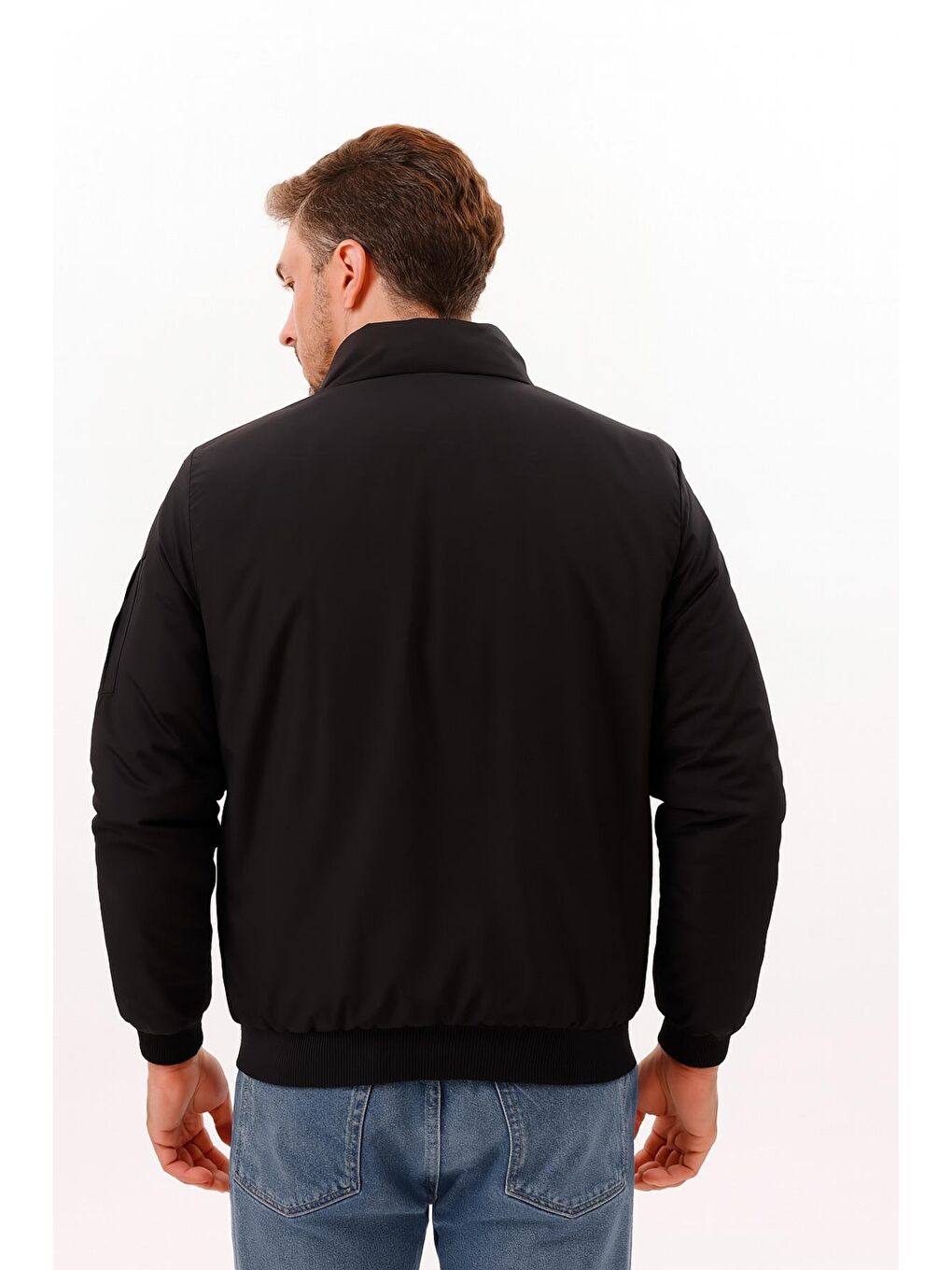 Siyah Erkek Astarlı Dik Yaka Mevsimlik Su Ve Rüzgar Geçirmez Mont-5