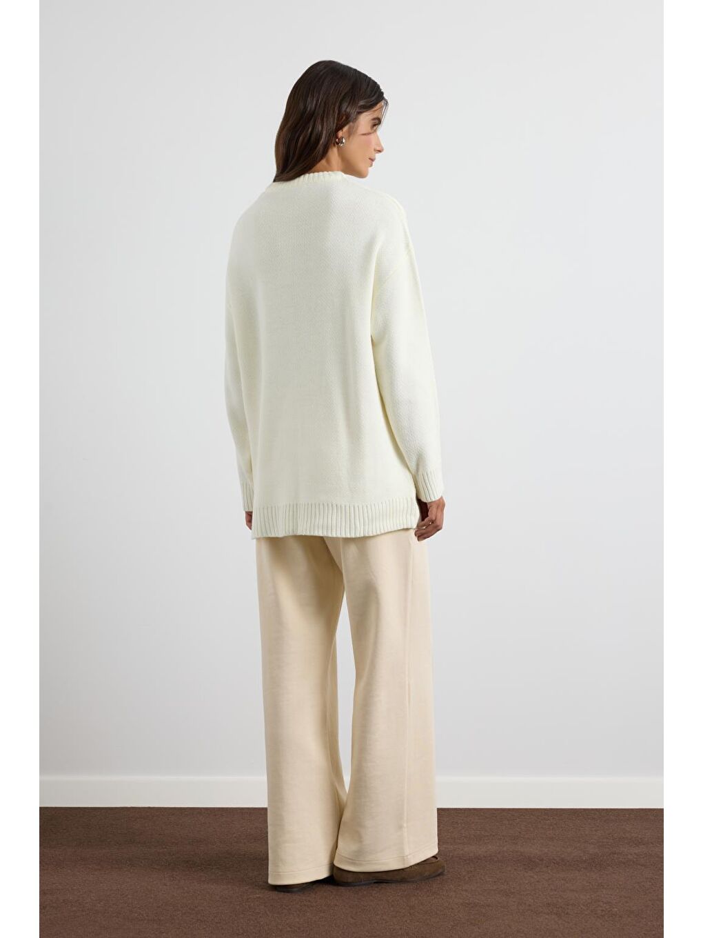 Ekru Bisiklet Yaka Basic Triko Kazak Kemik-6