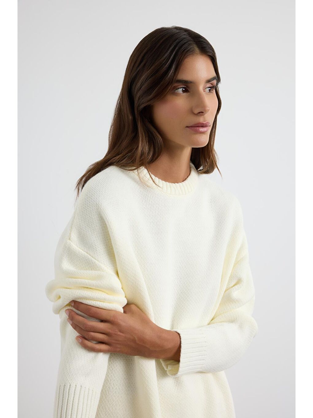 Ekru Bisiklet Yaka Basic Triko Kazak Kemik-7