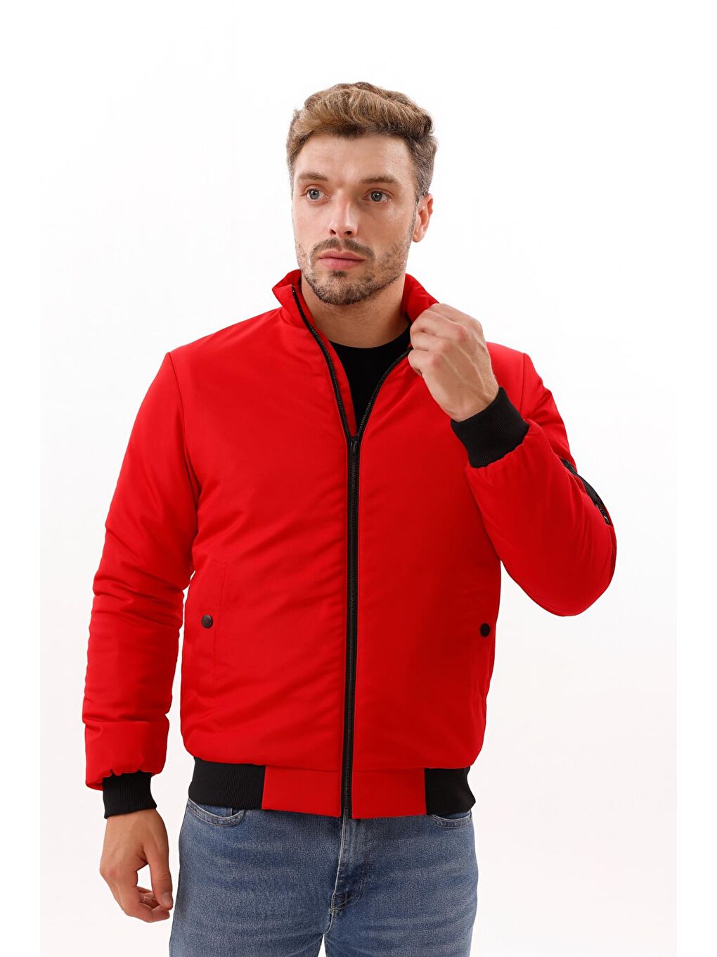 Kırmızı Erkek Astarlı Dik Yaka Mevsimlik Su Ve Rüzgar Geçirmez Mont-1