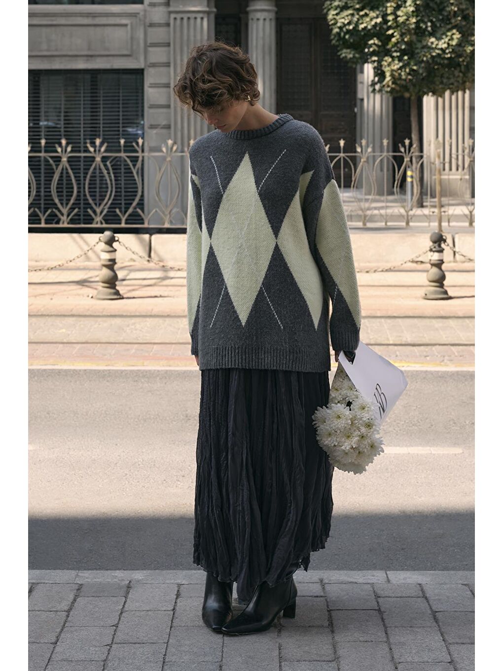 Baklava Desenli Triko Kazak Gri