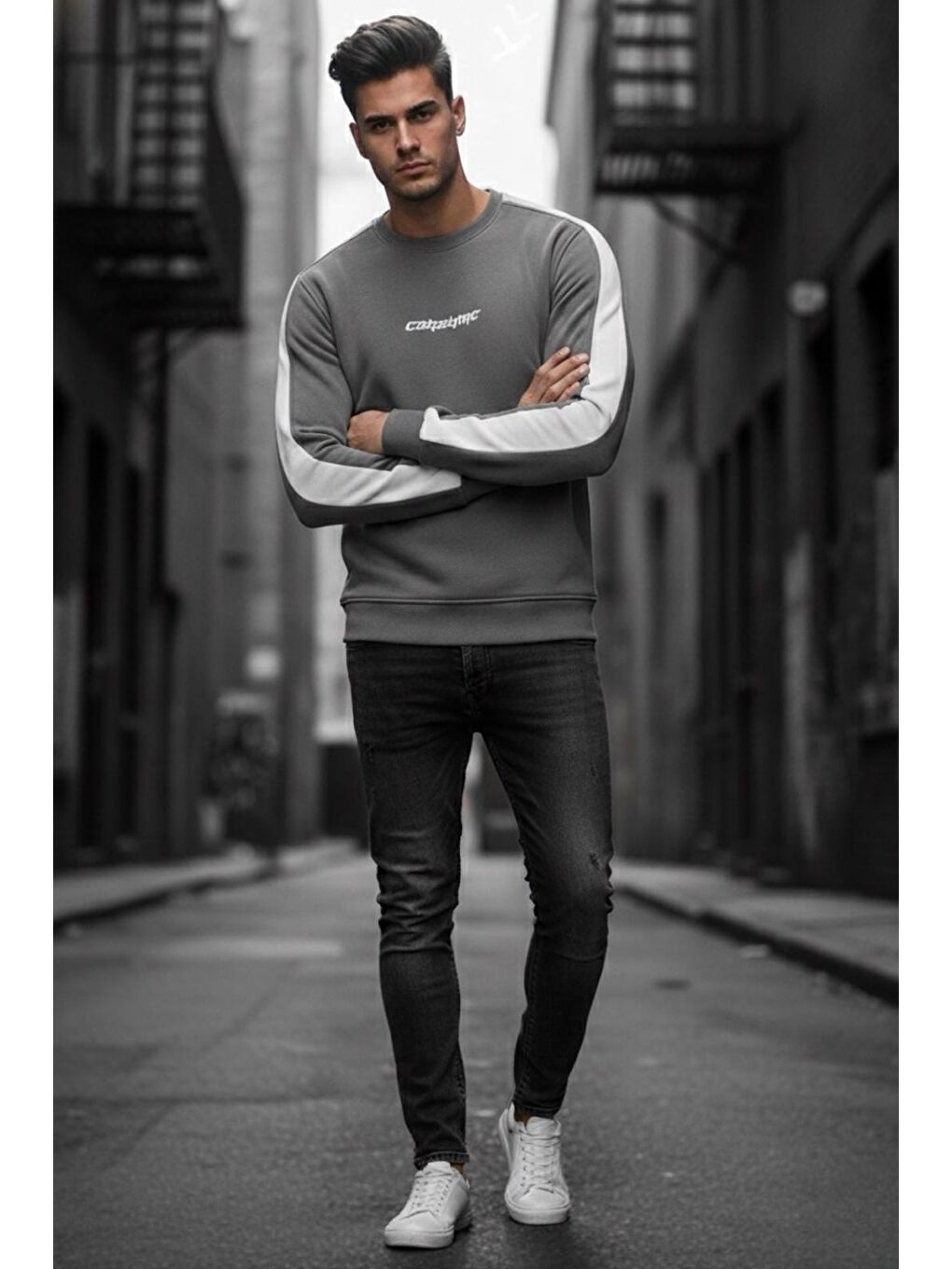 Gri Comsumc Üç İplik Şardonlu Bisiklet Yaka Erkek Sweatshirt-1