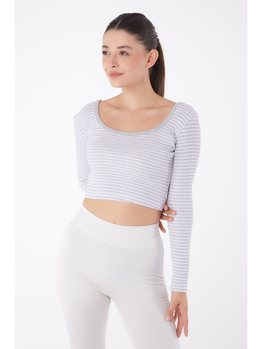 Çizgili Crop Gri - 26119-1