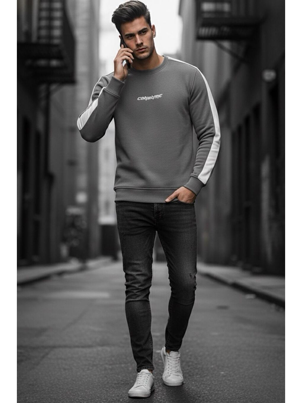 Gri Comsumc Üç İplik Şardonlu Bisiklet Yaka Erkek Sweatshirt-2