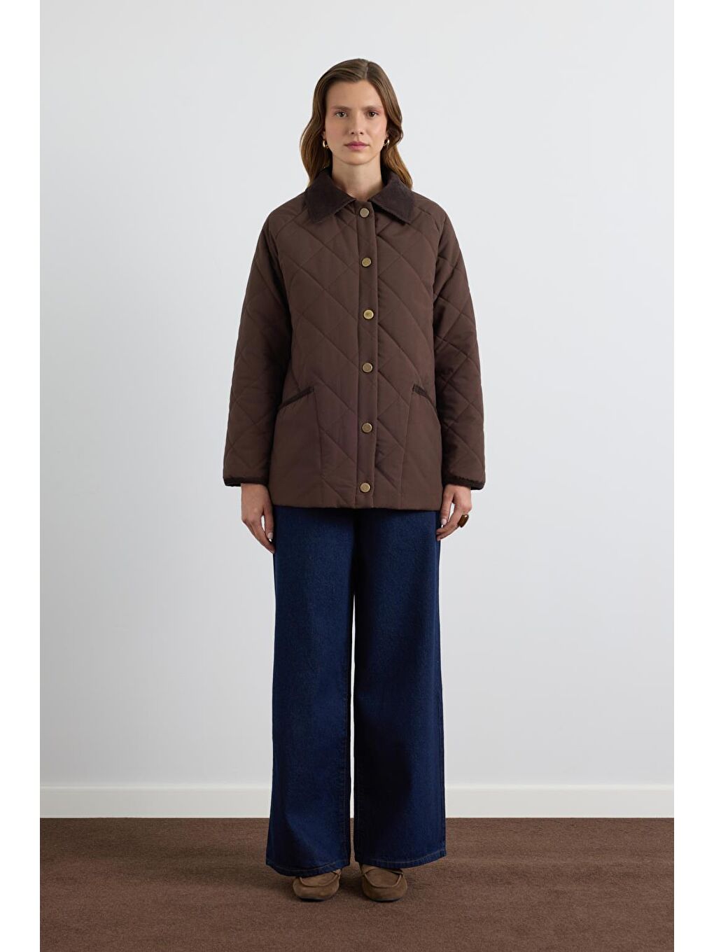 Kahverengi Kadife Yakalı Kapitone Ceket Mont Kahve-1