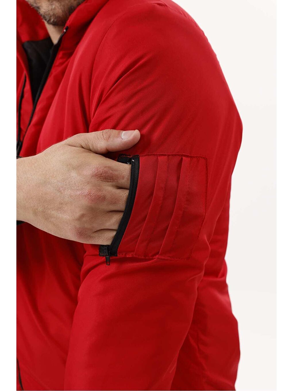 Kırmızı Erkek Astarlı Dik Yaka Mevsimlik Su Ve Rüzgar Geçirmez Mont-3