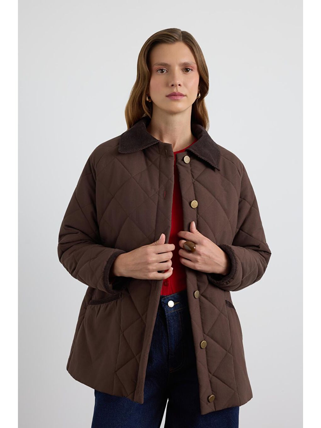 Kahverengi Kadife Yakalı Kapitone Ceket Mont Kahve-2