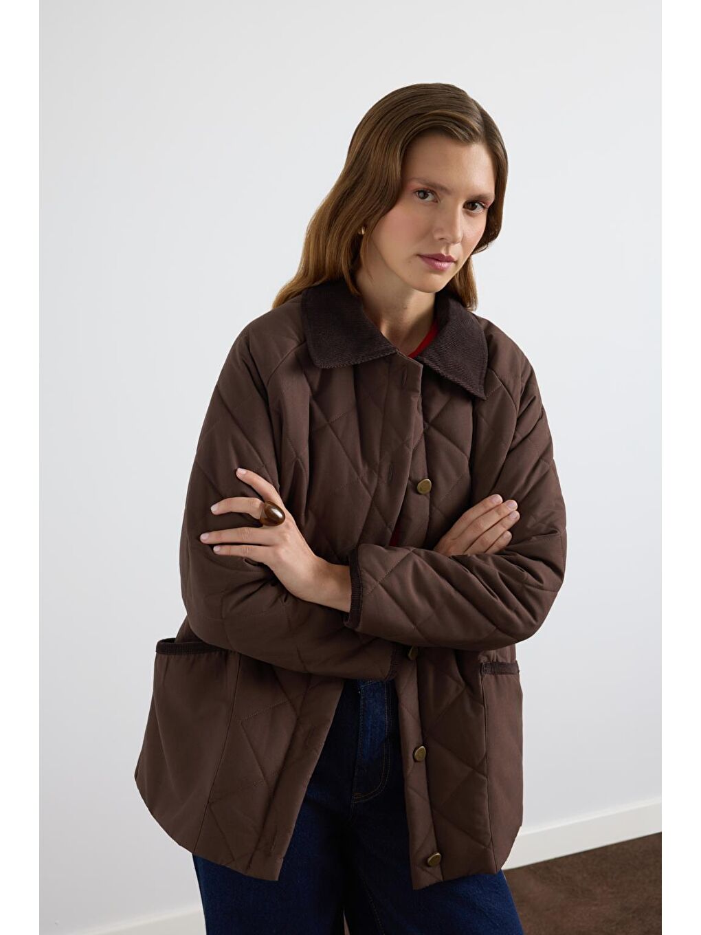 Kahverengi Kadife Yakalı Kapitone Ceket Mont Kahve-3