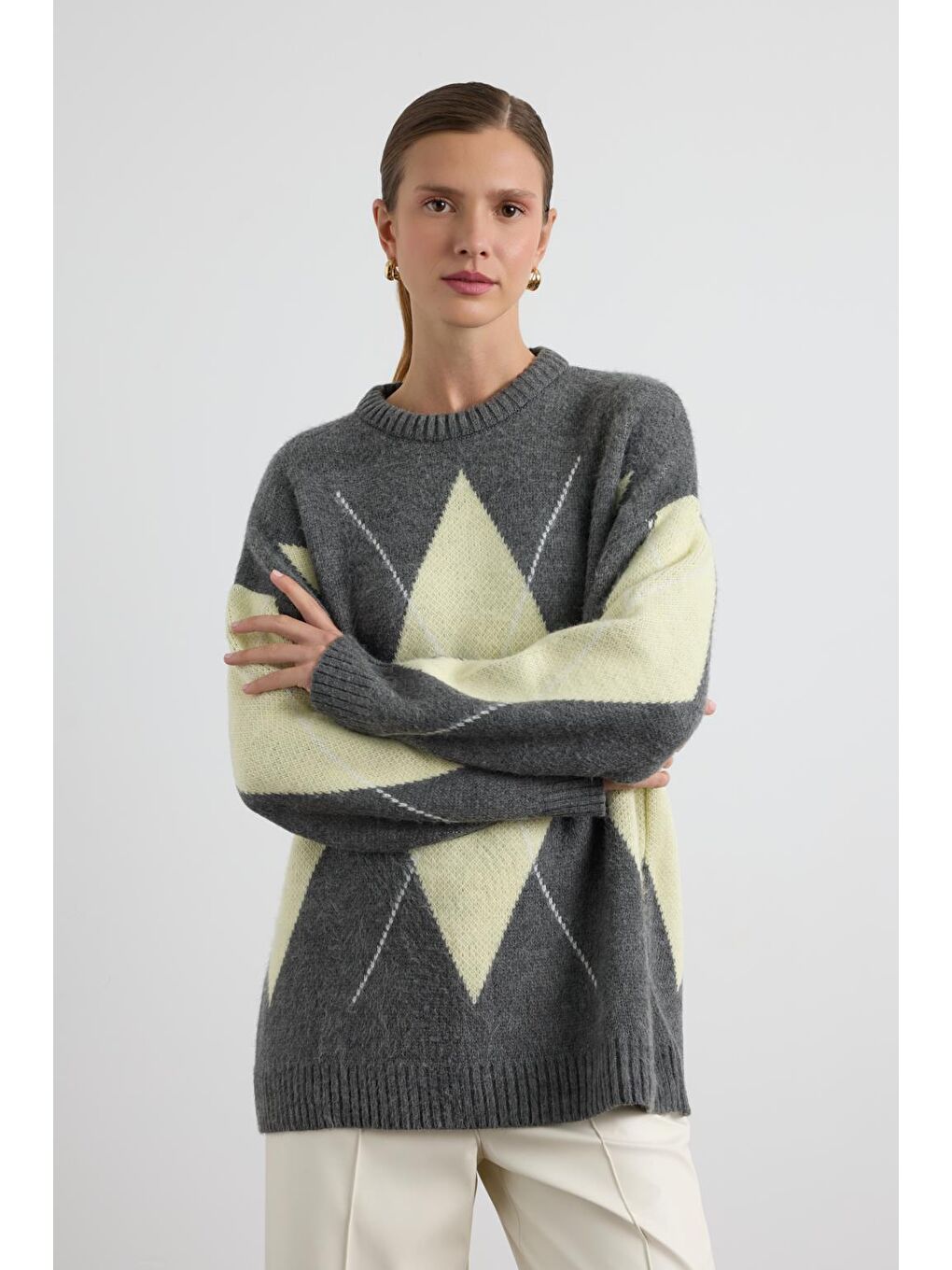 Baklava Desenli Triko Kazak Gri-2