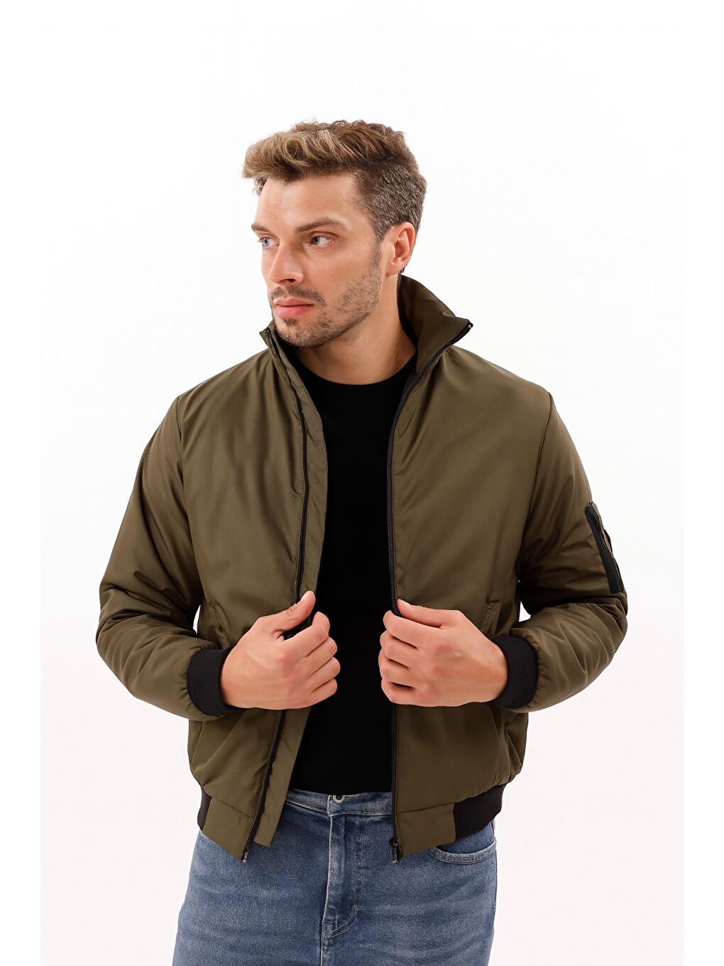 Haki Erkek Astarlı Dik Yaka Mevsimlik Su Ve Rüzgar Geçirmez Mont-1