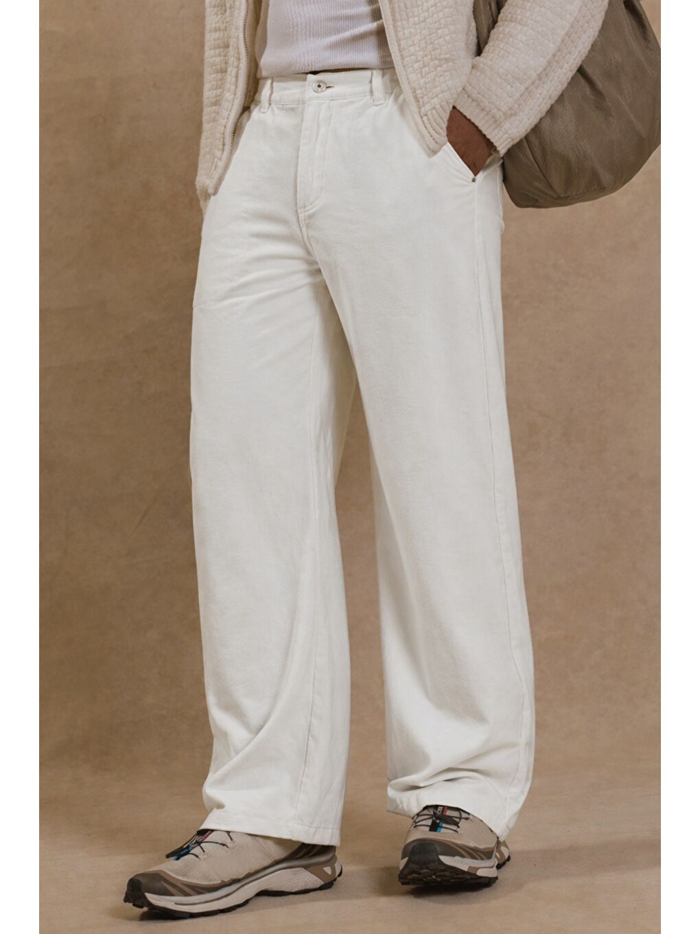 Ekru Erkek Baggy Pantolon Geniş Paça Rahat Kesim Günlük Stil