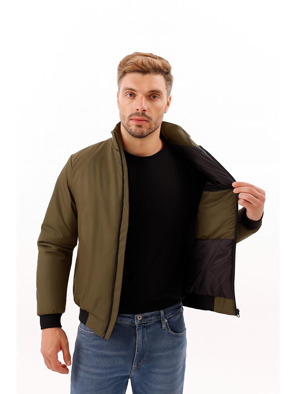 Haki Erkek Astarlı Dik Yaka Mevsimlik Su Ve Rüzgar Geçirmez Mont-2