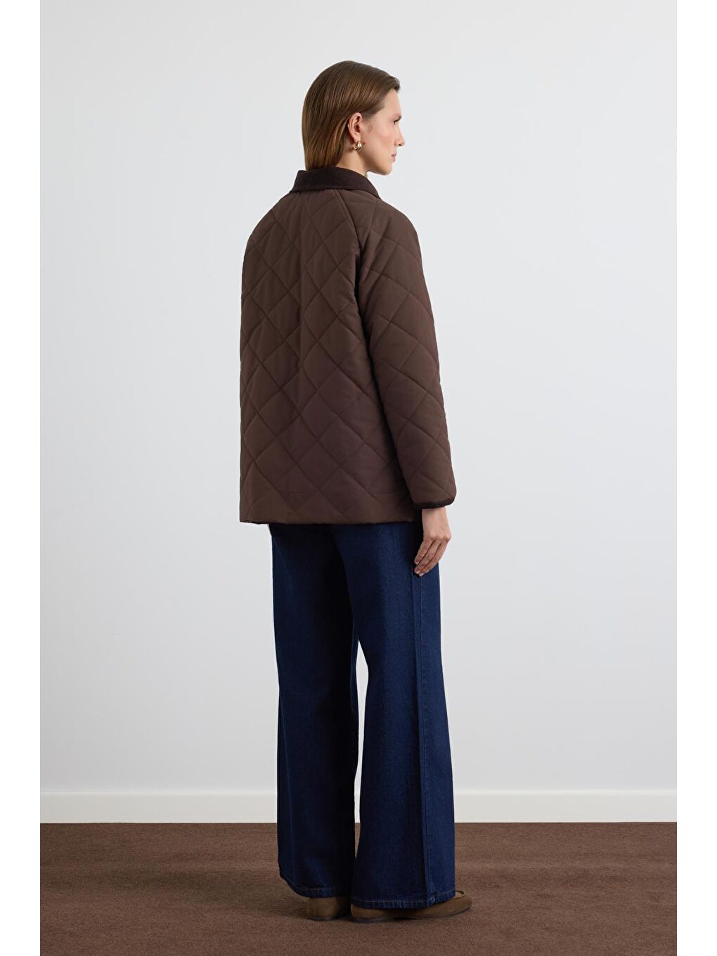 Kahverengi Kadife Yakalı Kapitone Ceket Mont Kahve-4