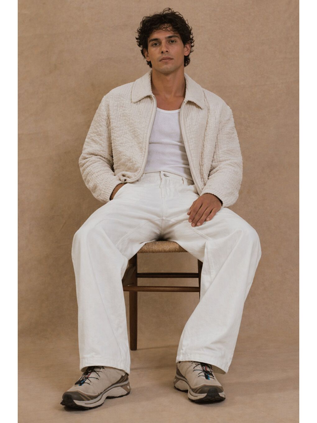 Ekru Erkek Baggy Pantolon Geniş Paça Rahat Kesim Günlük Stil-1