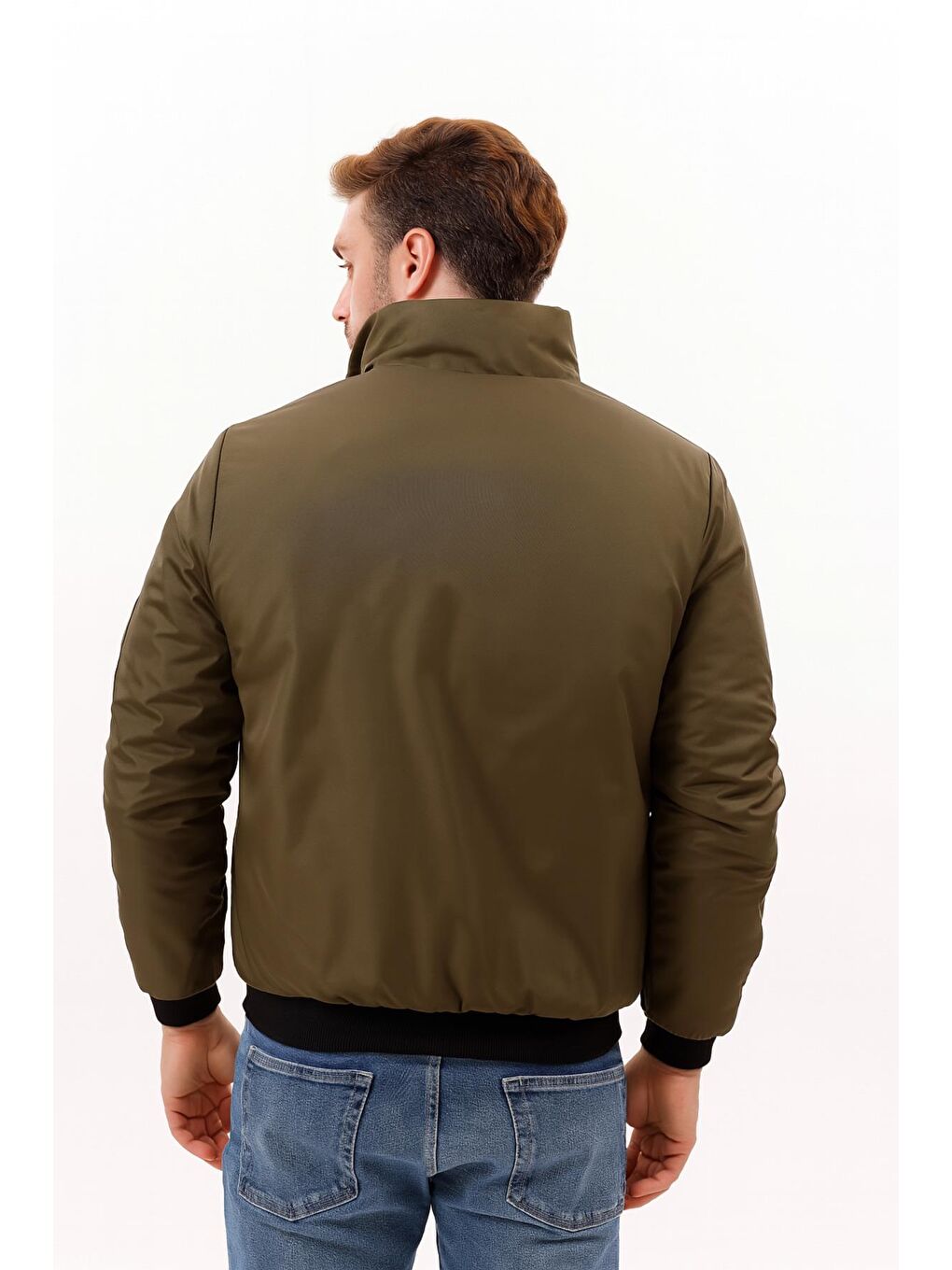 Haki Erkek Astarlı Dik Yaka Mevsimlik Su Ve Rüzgar Geçirmez Mont-3
