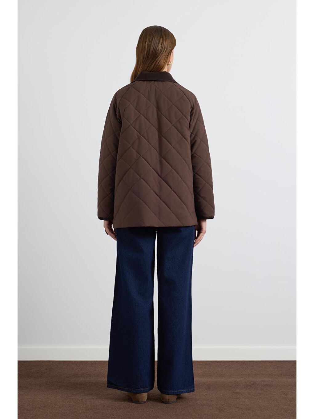 Kahverengi Kadife Yakalı Kapitone Ceket Mont Kahve-5