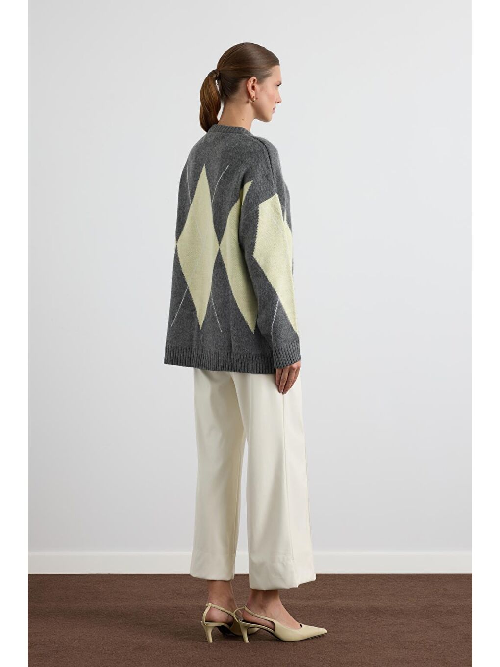 Baklava Desenli Triko Kazak Gri-4