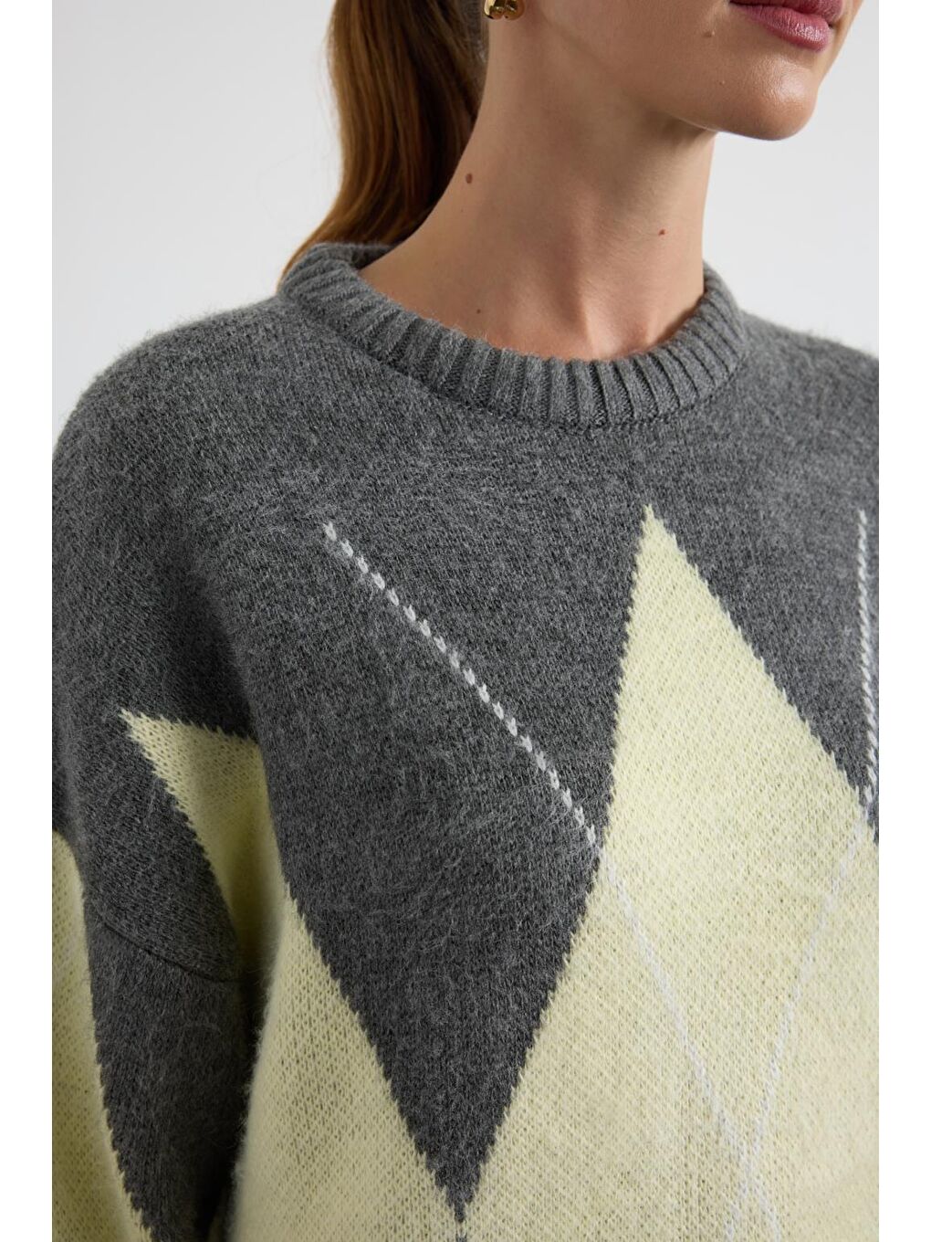 Baklava Desenli Triko Kazak Gri-5