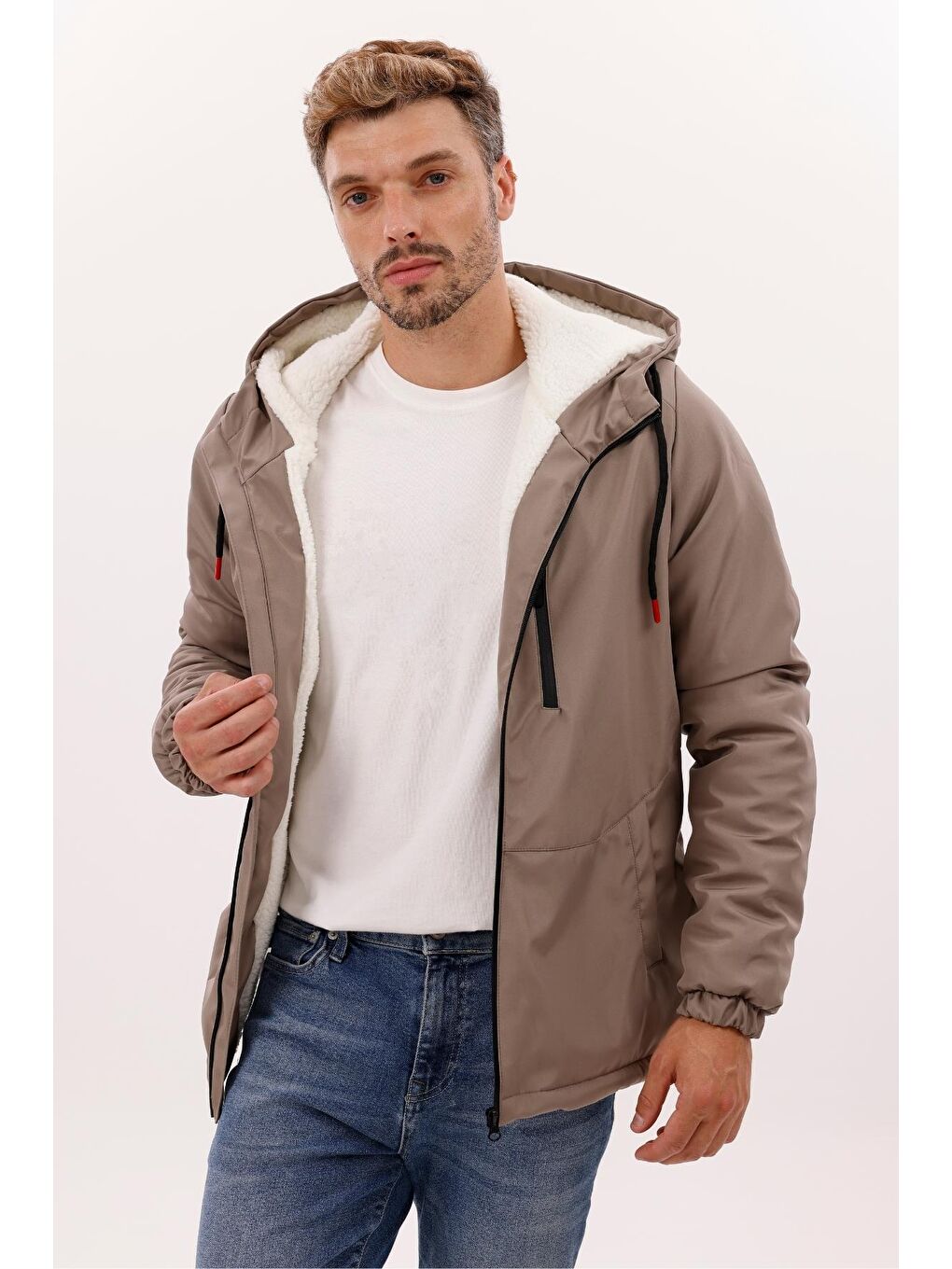 Bej Erkek Kürklü Su Ve Rüzgar Geçirmez Kapüşonlu Kışlık Mont & Kaban & Parka-1