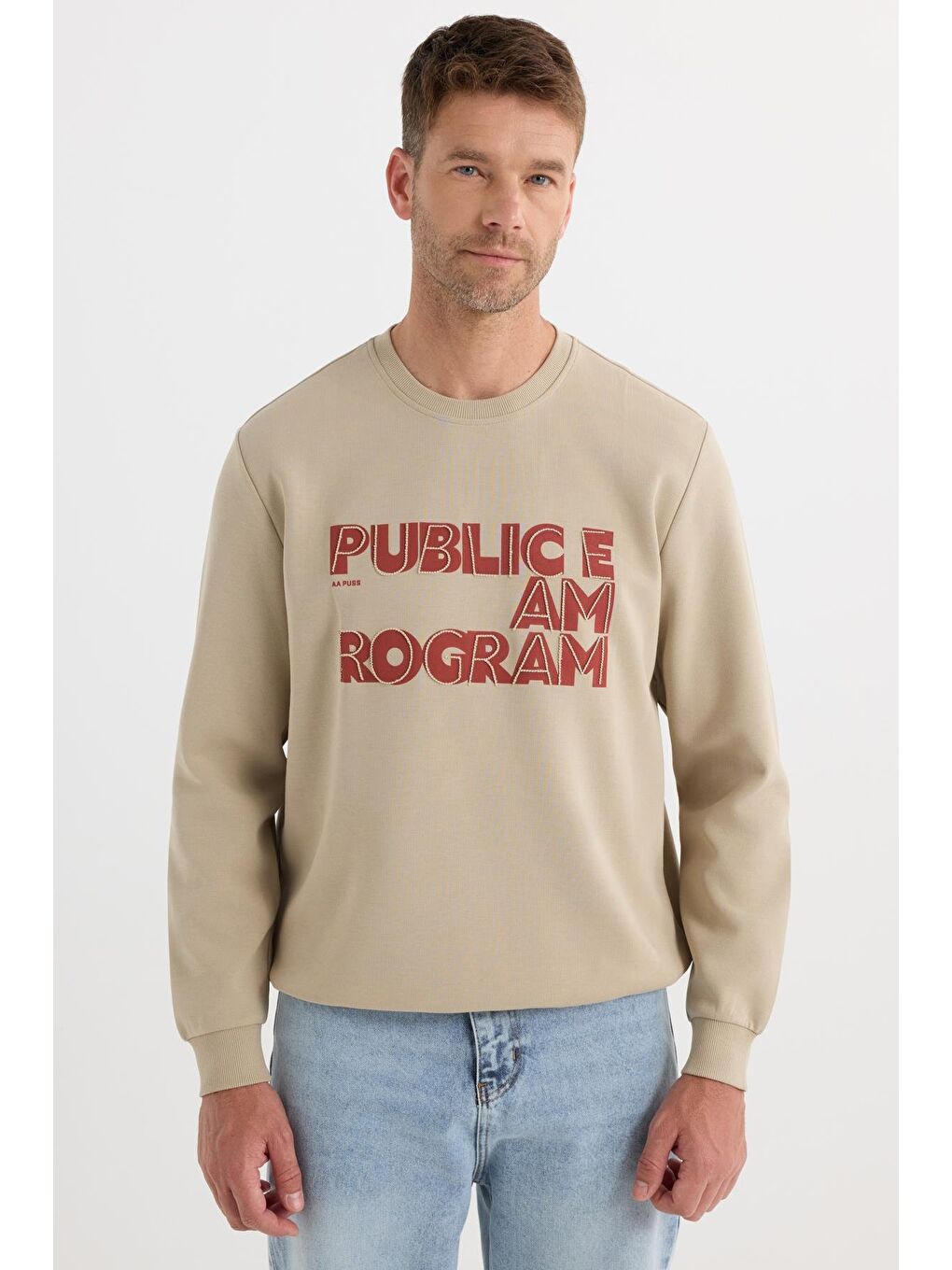 Unisex Oversize Geniş Kesim Pamuklu Yumuşak Dokulu İçi Polarlı Baskılı Bej Sweatshirt-2