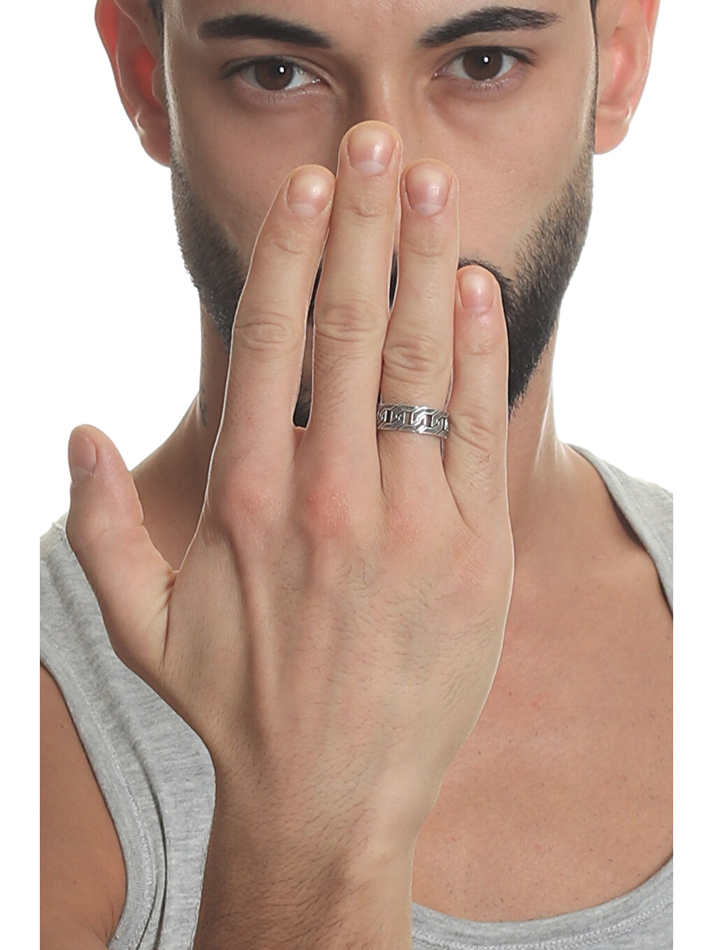 Gri Erkek Antik Gümüş Kaplama Ayarlanabilir Kalın Zincir Formlu Yüzük-3