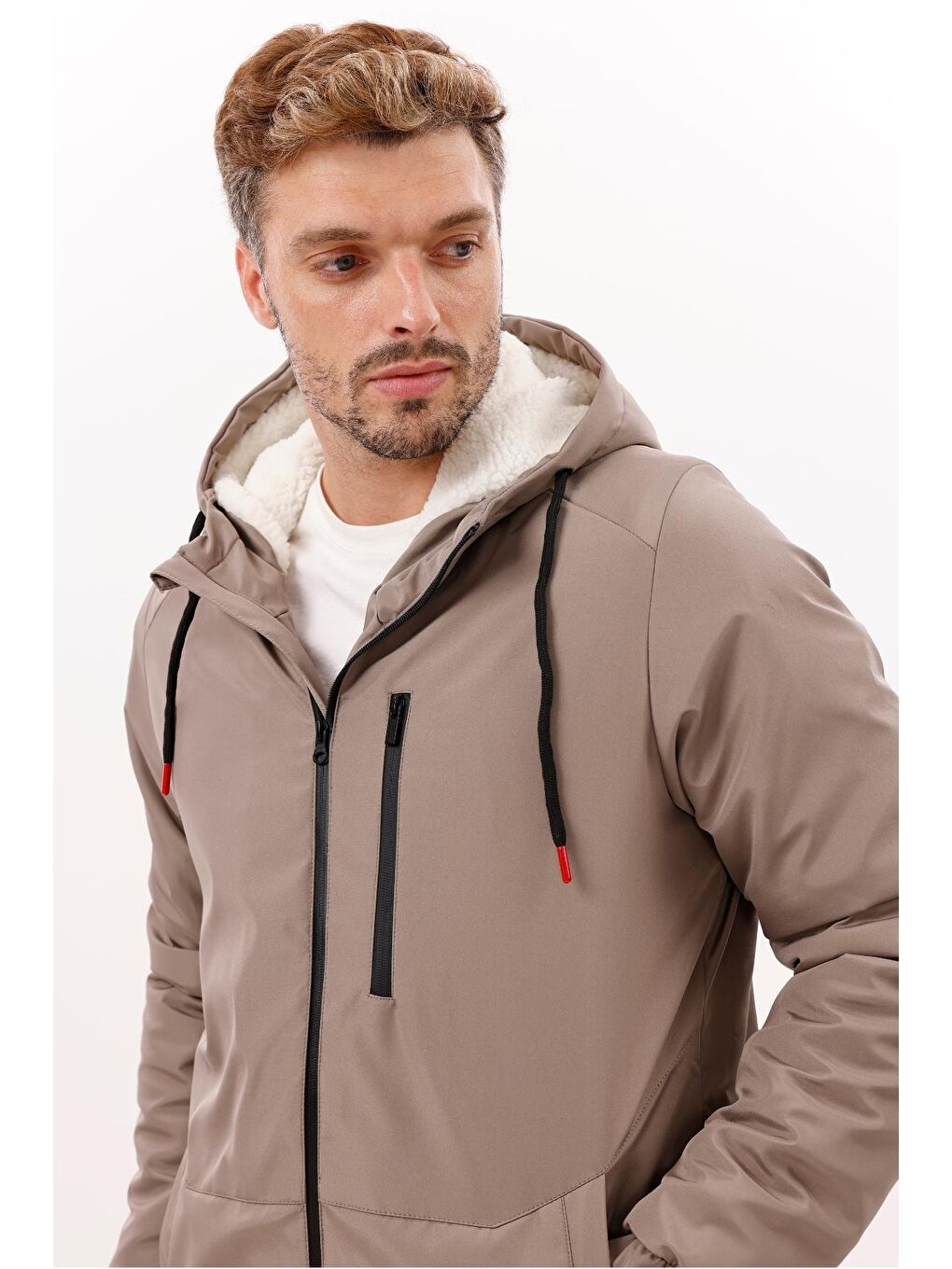 Bej Erkek Kürklü Su Ve Rüzgar Geçirmez Kapüşonlu Kışlık Mont & Kaban & Parka-2