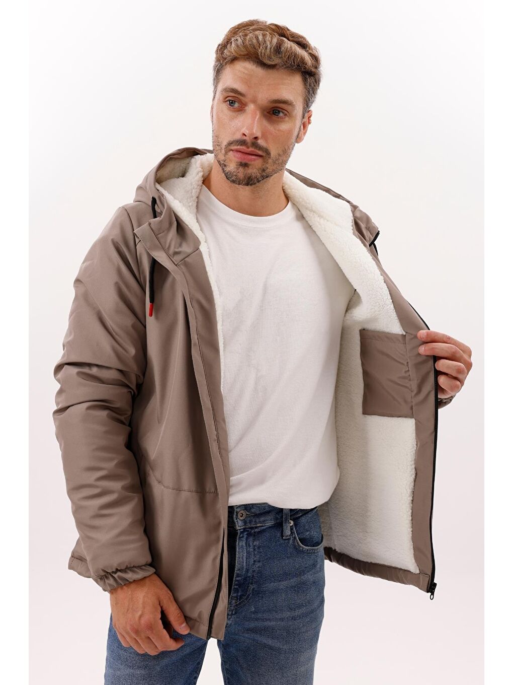 Bej Erkek Kürklü Su Ve Rüzgar Geçirmez Kapüşonlu Kışlık Mont & Kaban & Parka-3