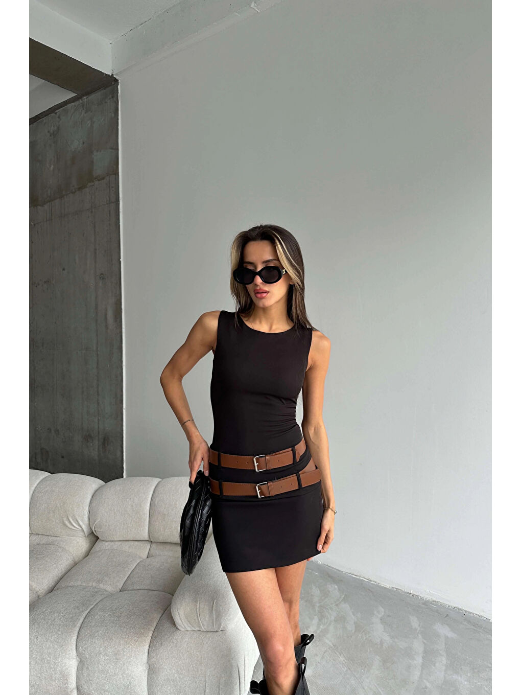 Kadın Siyah Çift Kemerli Elbise 1007-242401-1