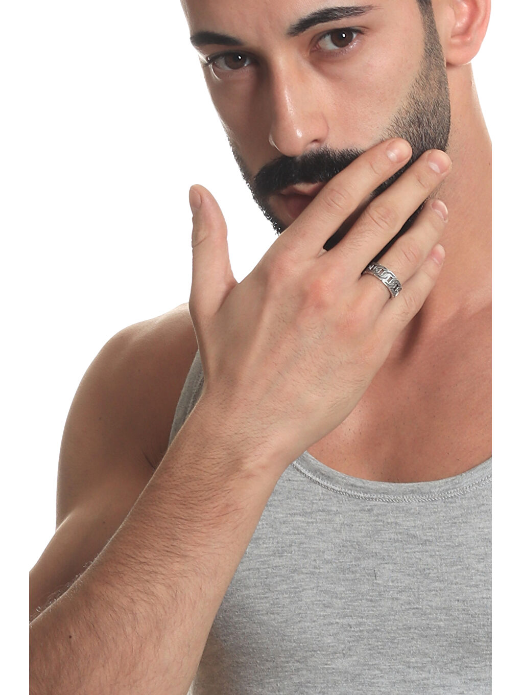 Gri Erkek Antik Gümüş Kaplama Ayarlanabilir Kalın Zincir Formlu Yüzük-5