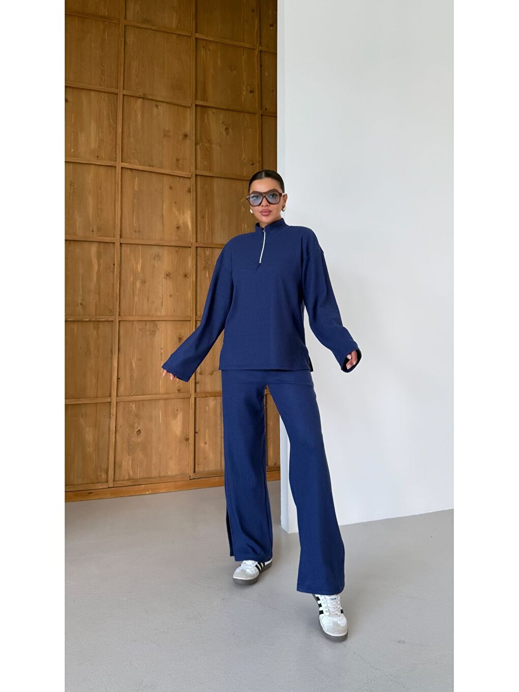 Kadın Lacivert Yarım Fermuarlı Dik Yaka Kazak Alt-Üst Pantolonlu Takım-1