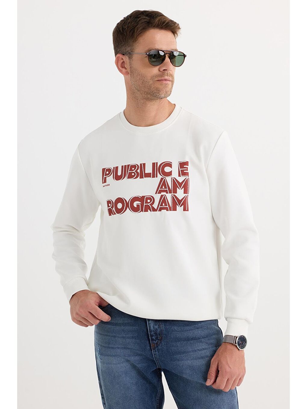 Unisex Oversize Geniş Kesim Pamuklu Yumuşak Dokulu İçi Polarlı Baskılı Beyaz Sweatshirt