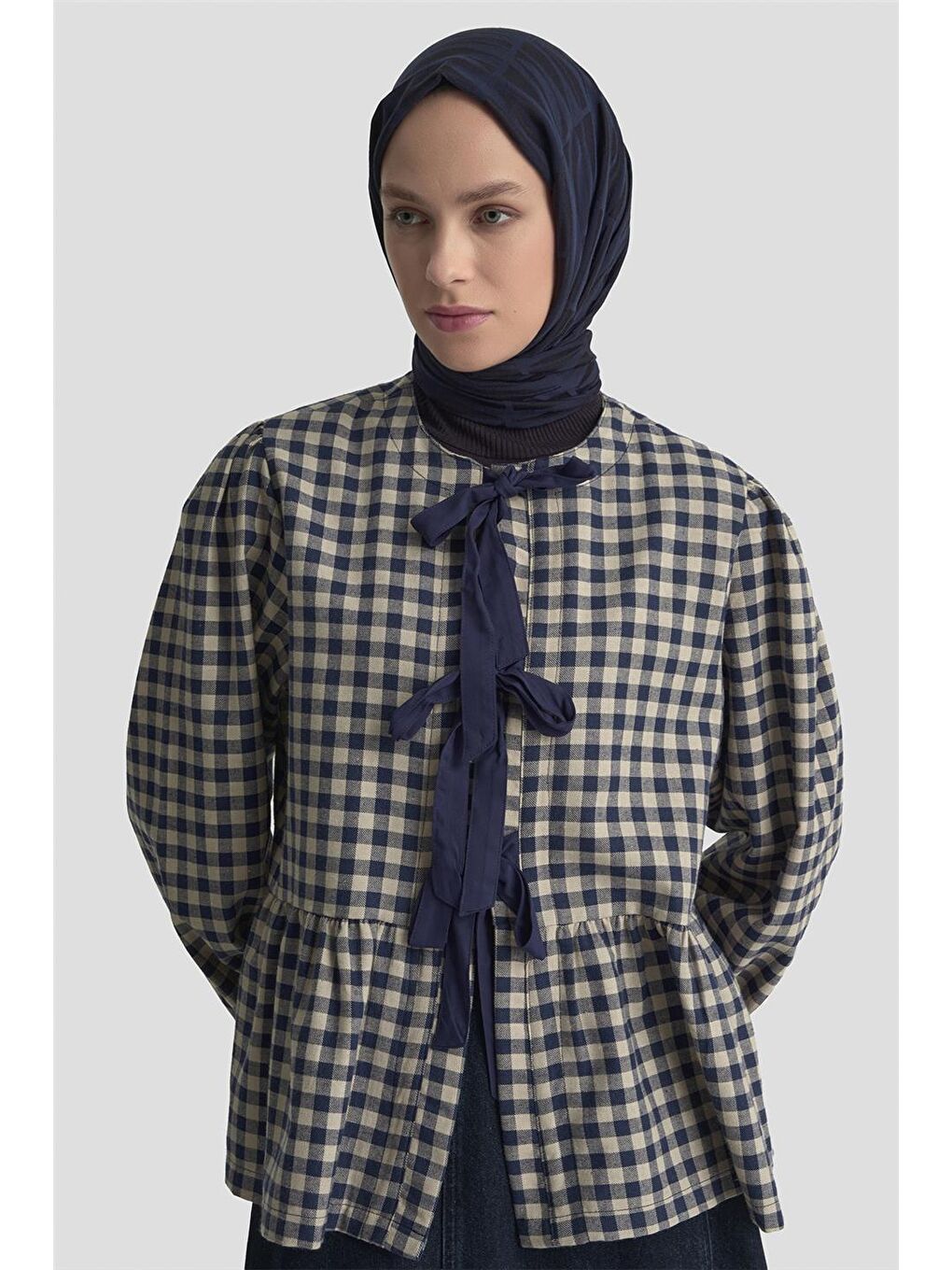 Bağlamalı Karpuz Kol Ekose Tunik 25Km1025 Lacivert