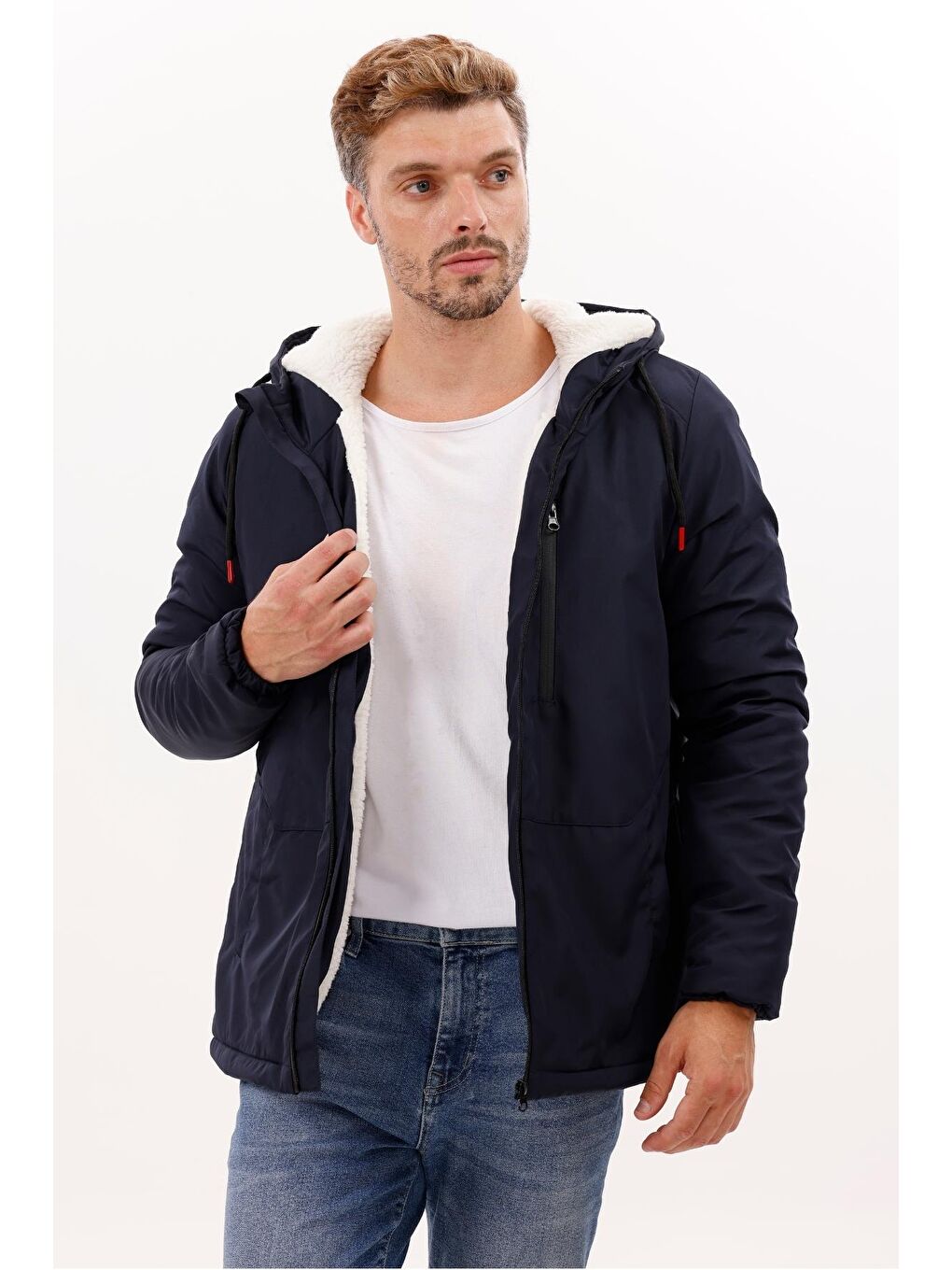 Lacivert Erkek Kürklü Su Ve Rüzgar Geçirmez Kapüşonlu Kışlık Mont & Kaban & Parka-1