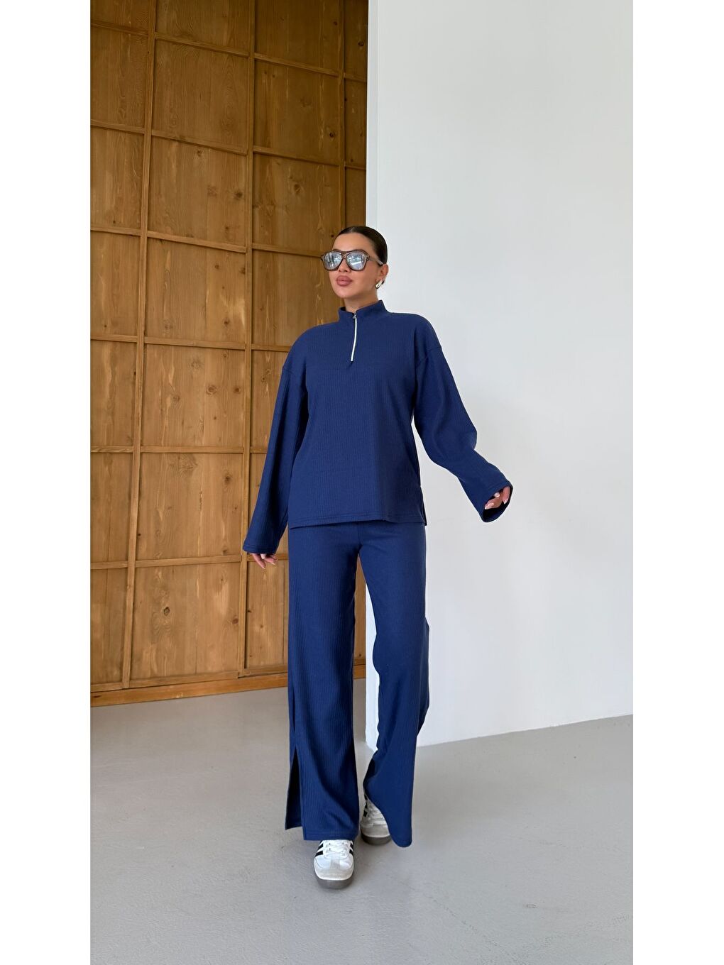 Kadın Lacivert Yarım Fermuarlı Dik Yaka Kazak Alt-Üst Pantolonlu Takım-2