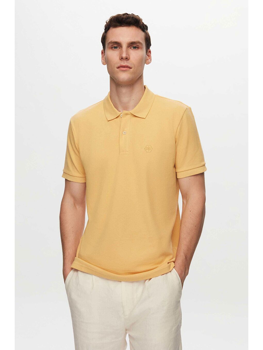 Regular Fit Beyaz/Açık Sari/Turuncu Pike Dokulu %100 Pamuk Polo Yaka T-Shirt-2