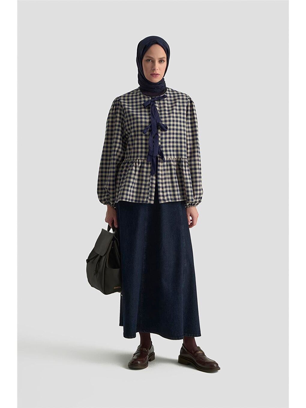 Bağlamalı Karpuz Kol Ekose Tunik 25Km1025 Lacivert-1