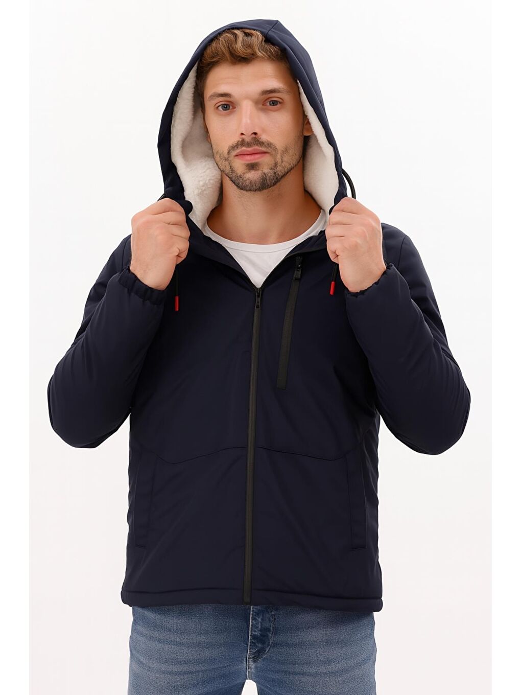 Lacivert Erkek Kürklü Su Ve Rüzgar Geçirmez Kapüşonlu Kışlık Mont & Kaban & Parka-3