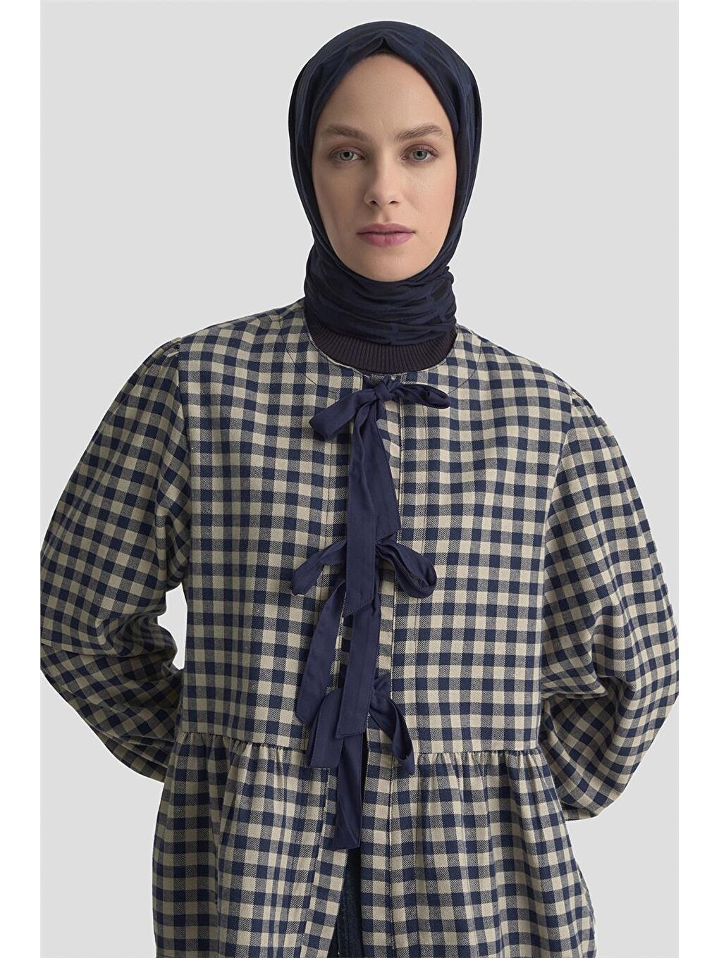 Bağlamalı Karpuz Kol Ekose Tunik 25Km1025 Lacivert-2