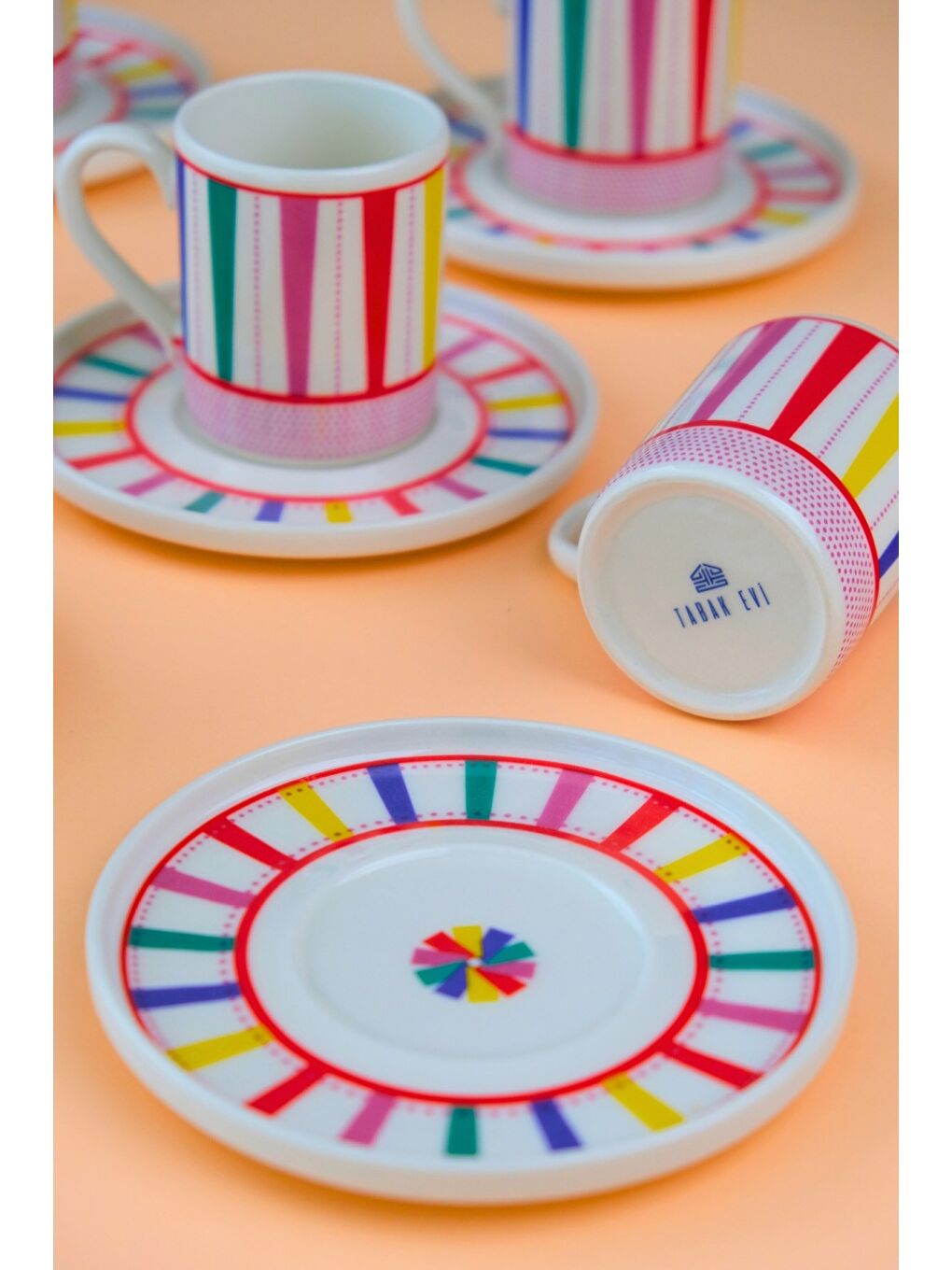 Beyaz Porselen Color Stripe Kahve Fincan Takımı 90cc 6 Kişilik 12 Parça-2