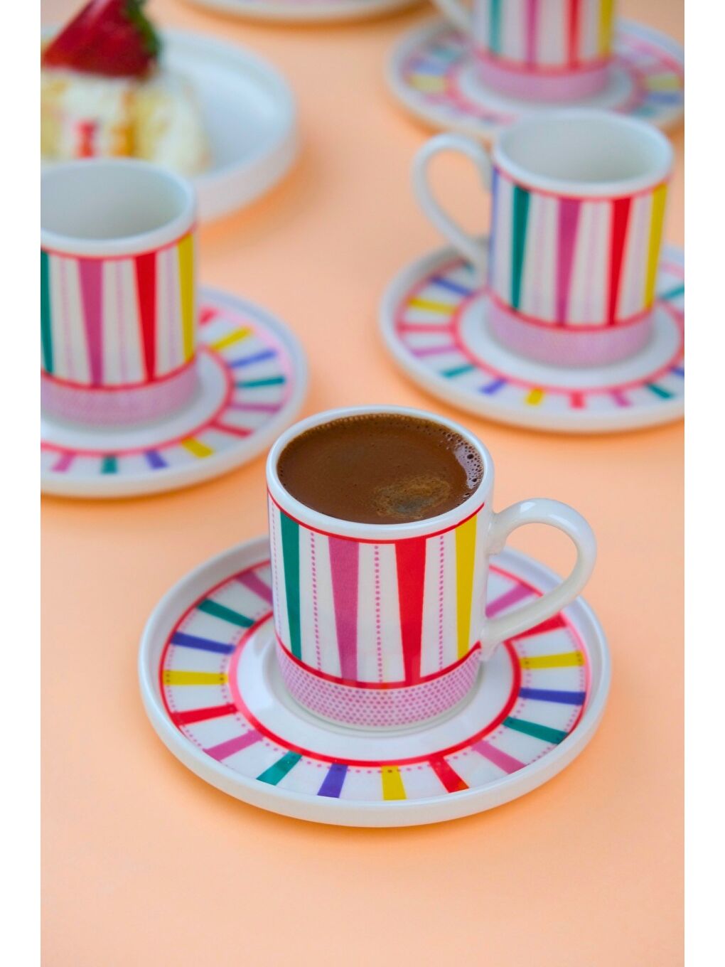 Beyaz Porselen Color Stripe Kahve Fincan Takımı 90cc 6 Kişilik 12 Parça-3