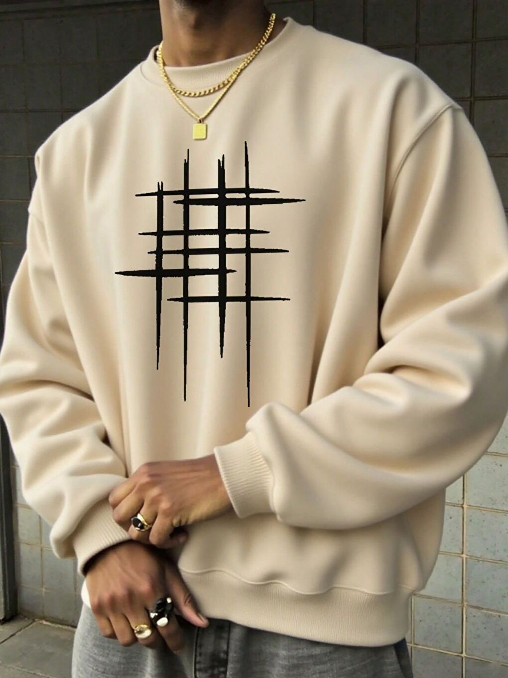 Erkek Bej Lines Baskılı Oversize Bisiklet Yaka Uzun Kollu Sweatshirt