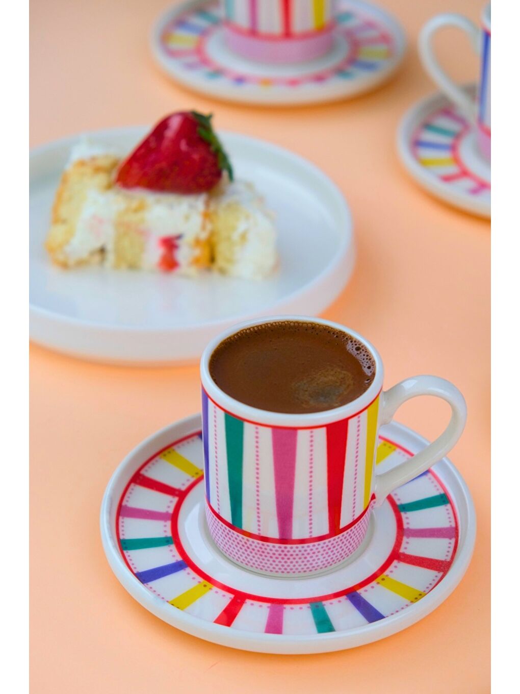 Beyaz Porselen Color Stripe Kahve Fincan Takımı 90cc 6 Kişilik 12 Parça-4